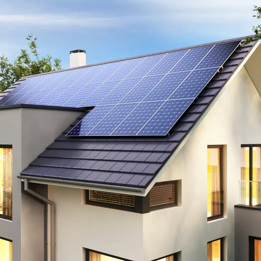 Solar panels on the roof of a modern home
