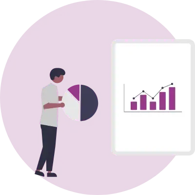 graphic of a man holding a pie chart and standing in front of a bar graph to indicate metric tracking for ads.