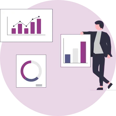 graphic of man in suit jacket leaning against ad performance charts that show data