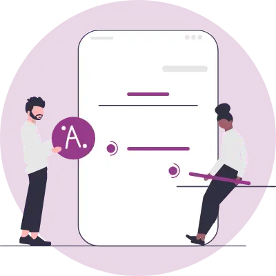 graphic of a man and a woman in front of a screen with different steps to implement next in their ad strategy