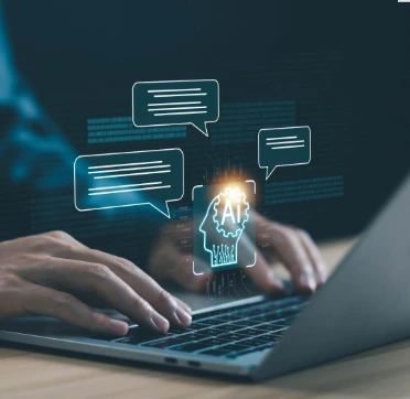 Hands on a laptop keyboard with floating messages and an AI chat window implying AI Overviews.