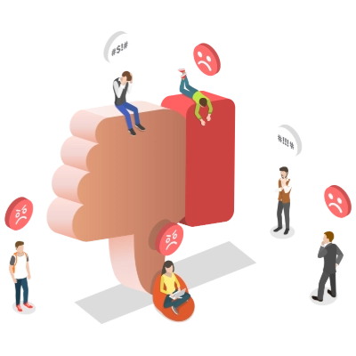 Graphic of a large thumb's down emoji with small frowning face emojis and people surrounding it.