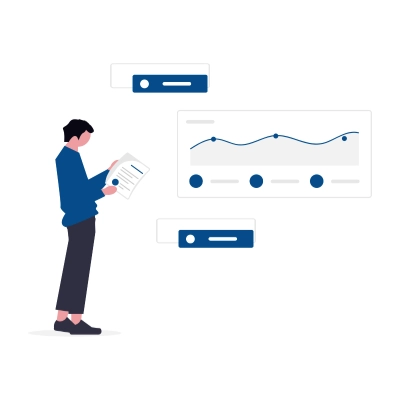 Graphic image of a man looking at property data and integrating it with digital marketing, seo and customized content marketing.