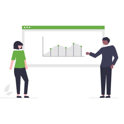 Graphic image of a man and woman looking at a chart on the wall that shows a graph chart indicating growth potential.