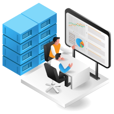 Graphic of two men at a desk looking at a pie chart and other metrics on a large screen.
