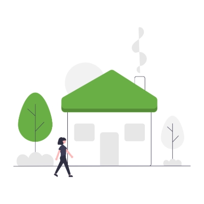 graphic image of a woman walking past a house in a neighborhood to indicate property data information on homes and neighborhoods.