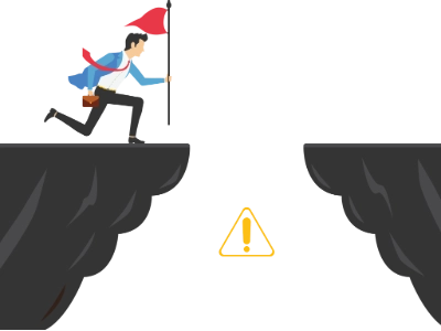 Graphic of man about to jump over a ravine and a caution sign in between in the pitfall area.