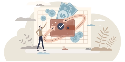 Graphic of man pointing to a large wallet full of money with revolving arrows surrounding it, indicating return on ad spend.