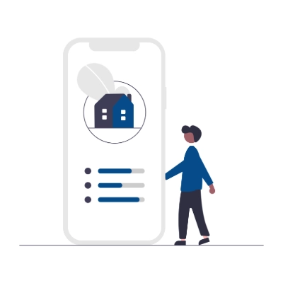 Graphic image of a man next to a smart phone with image of a home on it to indicate smart segmentation of targeted marketing