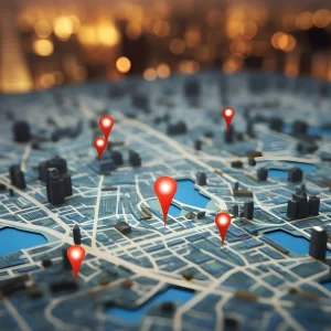 Location indicators on a 3-D model map of a city