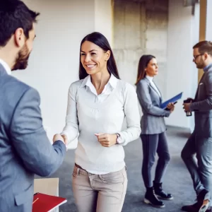 Man and woman shaking hands in partnership with another man and woman in the background discussing partnership.