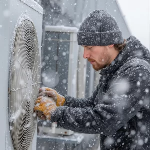 HVAC technician working on a heating system in the snow.