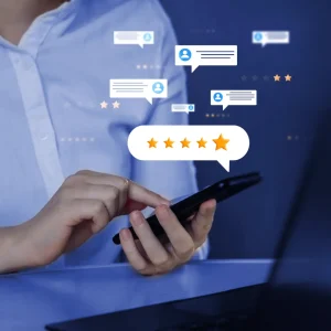 Woman searching out reviews and comments on her phone.