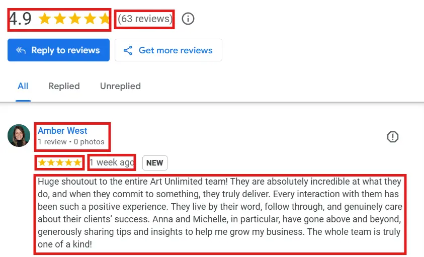 Genuine screenshot of a Google review from the Art Unlimited website with indications of each area that should be recorded.