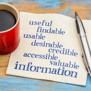 Notepad listing essential b2b market qualities including useful, findable, usable, desirable, credible, accessible, valuable information with coffee cup