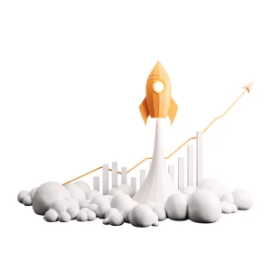 Gold rocket launching with upward growth chart representing b2b market success in commercial sector