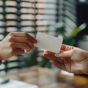 Two hands exchanging business card symbolizing b2b market networking opportunities
