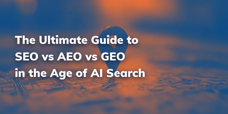 Map with a location marker in the background of the title, "The Ultimate to SEO vs AEO vs GEO in the Age of AI Search"