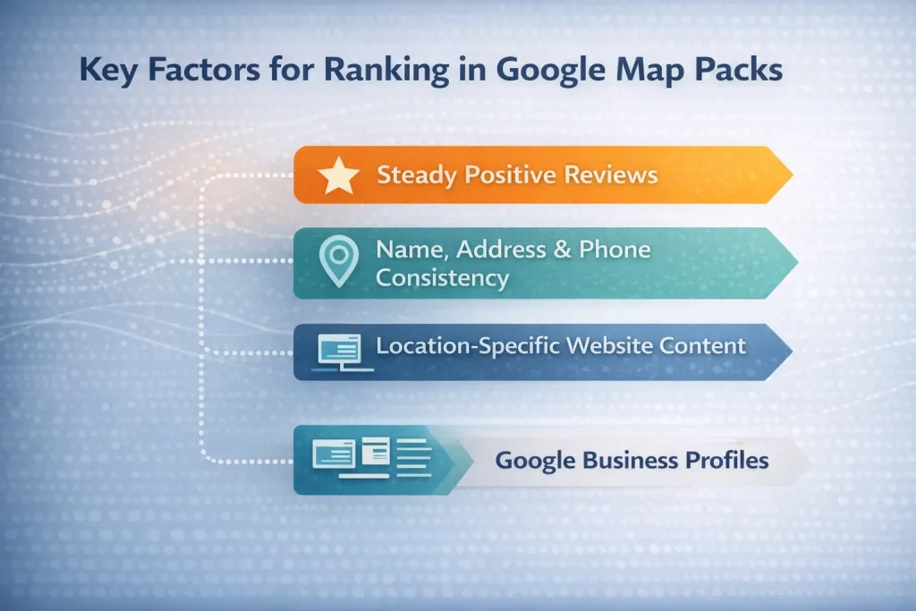 List that shows key factors for ranking in Google Map Packs. They include postive reviews, NAP consistency, location-specific website content in your google businses profile