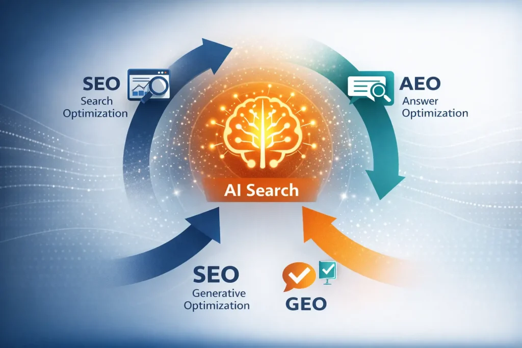 Arrow flow chart that shows which businesses should prioritize, SEO, AEO or GEO.