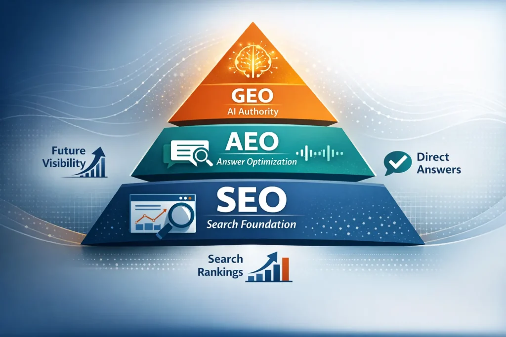 Pyramid showing how SEO is the search foundation, AEO offers direct answers and GEO offers AI authority.