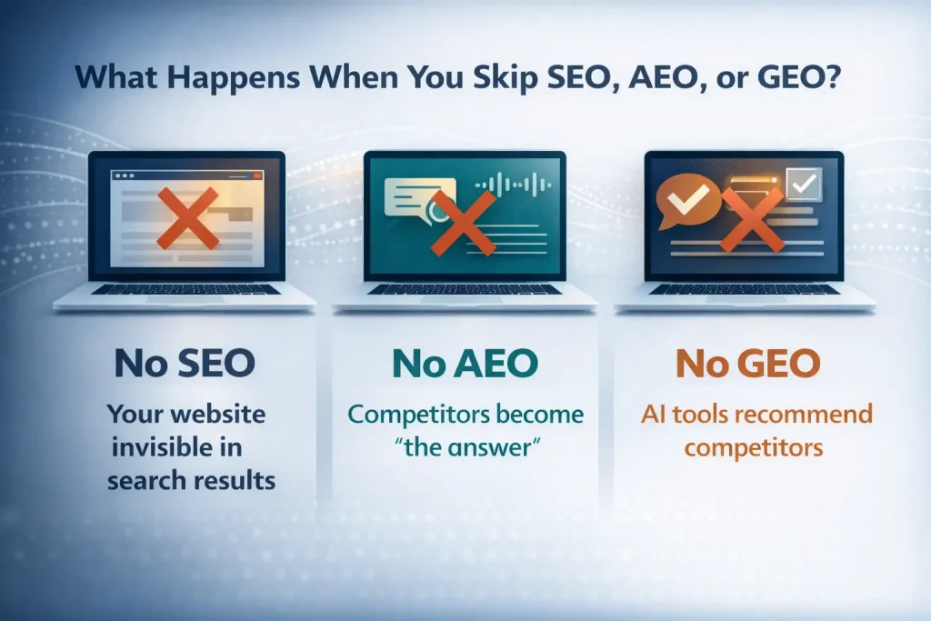 What happens when you skip SEO, AEO, or GEO? Your website becomes invisible, your competitors become "the answer" and AI tools recommend competitors.